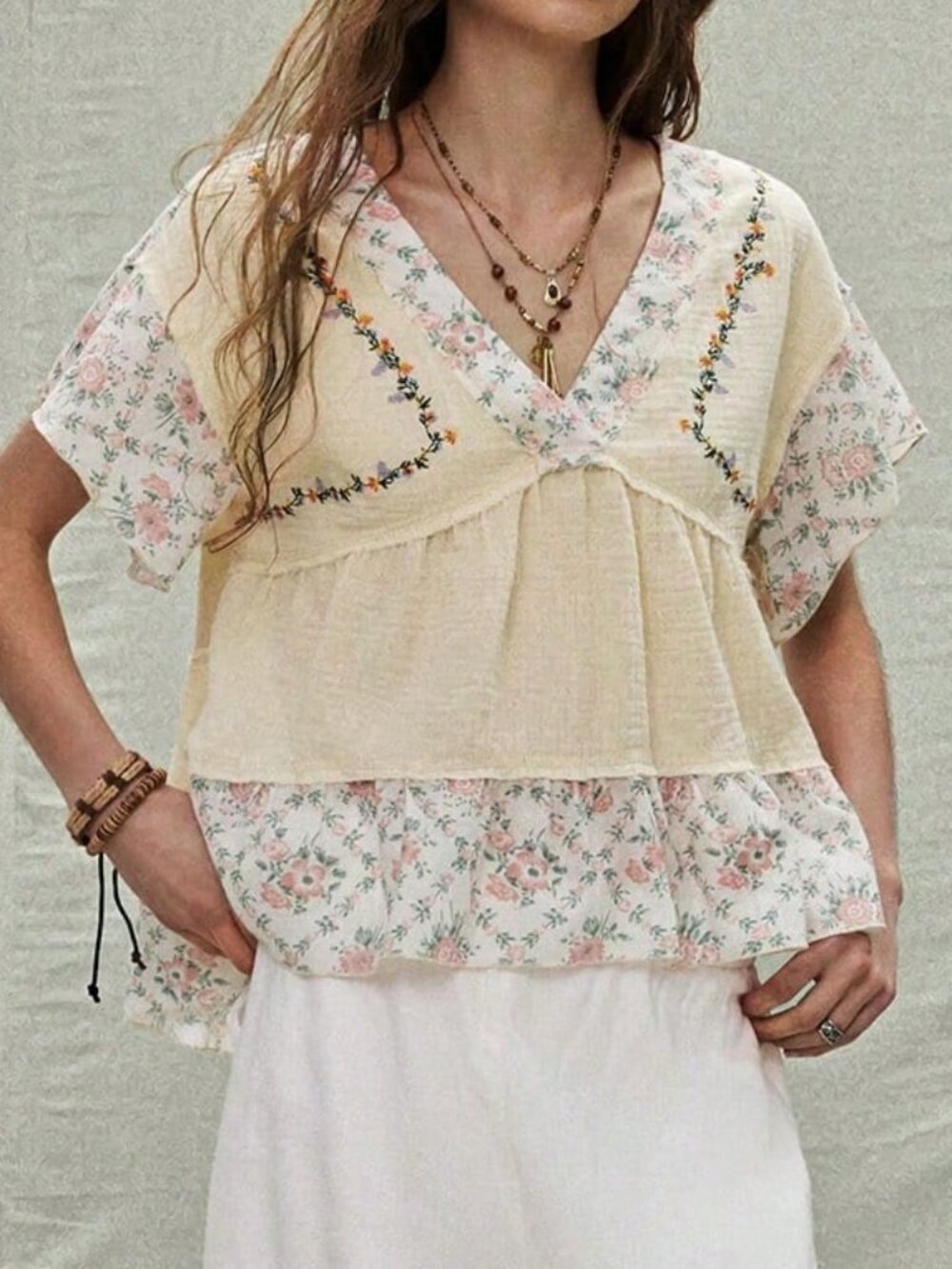 Multicolor Boho Women's Holiday Picnic V Neck Batwing Sleeve Floral Print Blouse